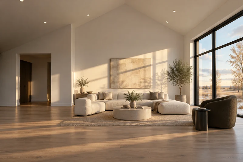 Illustrative vaulted living room with smooth walls and warm natural light