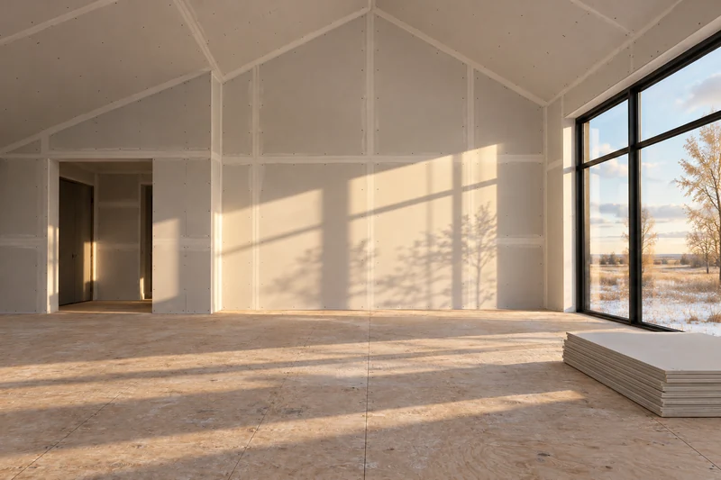 Illustrative same room with unfinished drywall